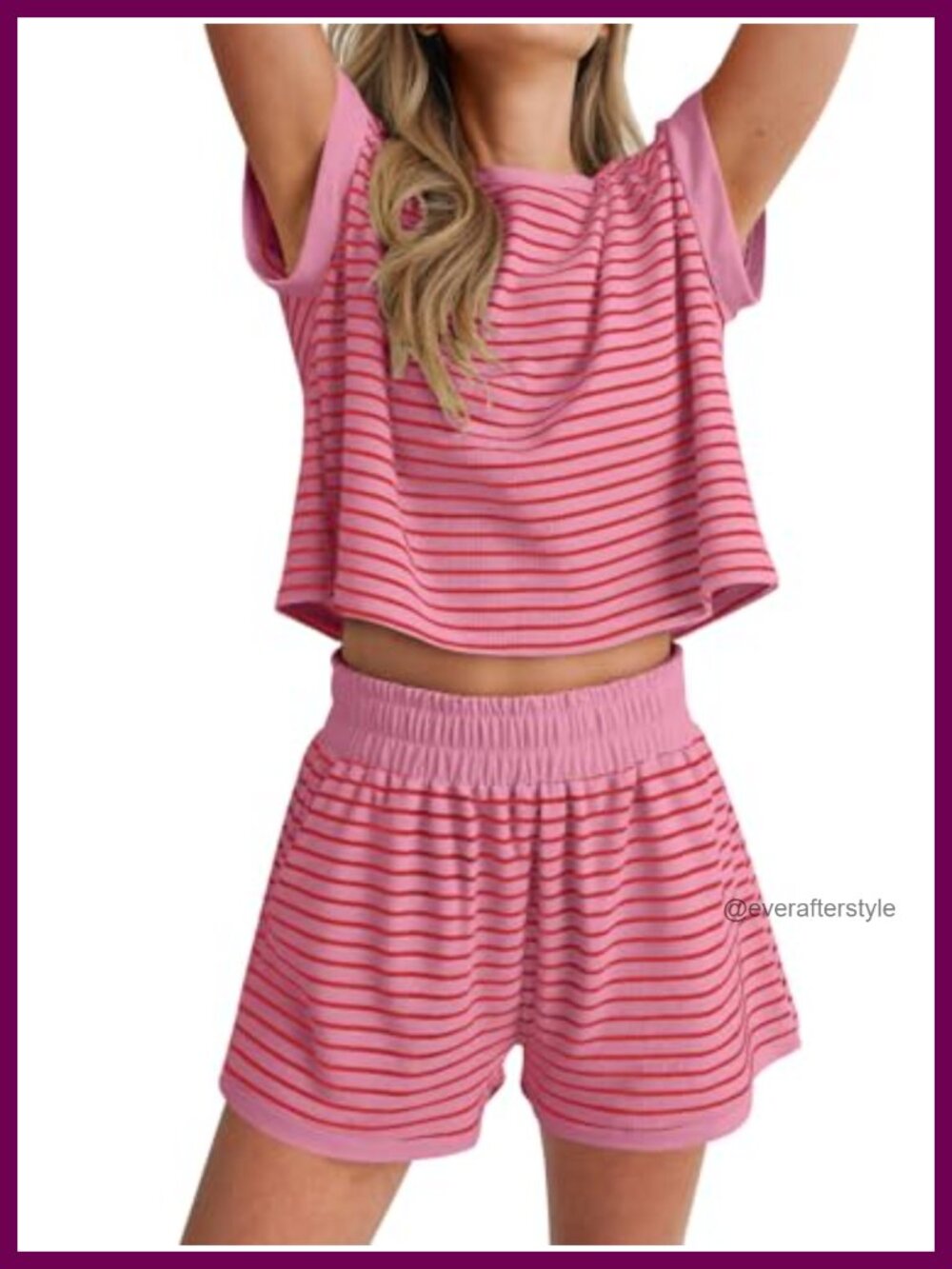 Striped Ribbed Knit 2 Piece Lounge Set Top & Shorts Loose Fit